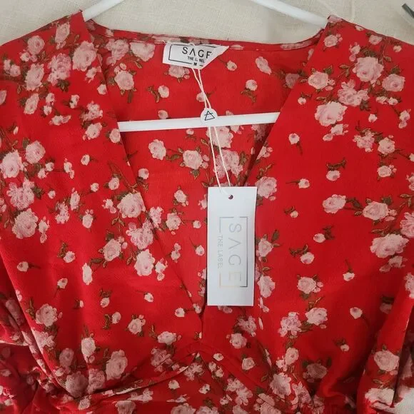 NWT Sage the Label Lulus Red Floral Wrap Top - Puff Sleeve Peplum Blouse-Mediu - Picture 6 of 8